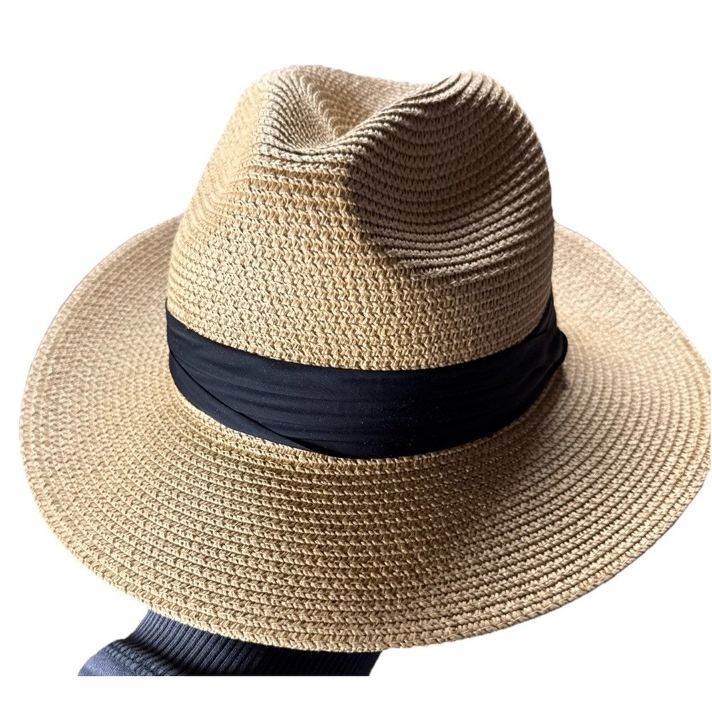 FURTALK UPF80 Wide Brim Fedora Straw Panama Hat Unisex M Black Tan